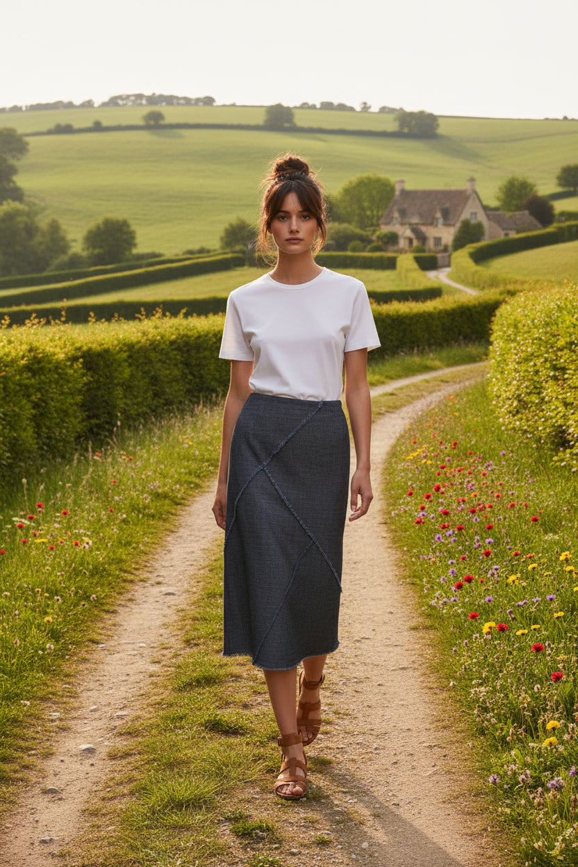 Patched & Fringed Skirt Gray-Blue