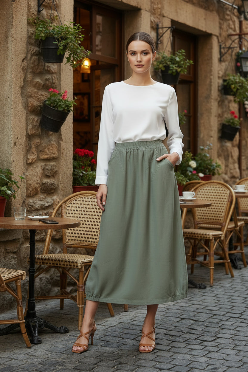 Sage Pockets Elastic Hem Skirt