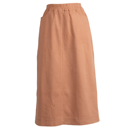 This modest long rose colored twill skirt is not only feminine but also comfortable and functional.