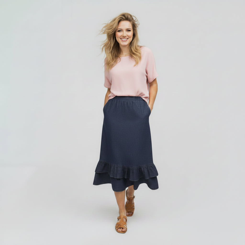 Double Ruffle Skirt Denim Blue