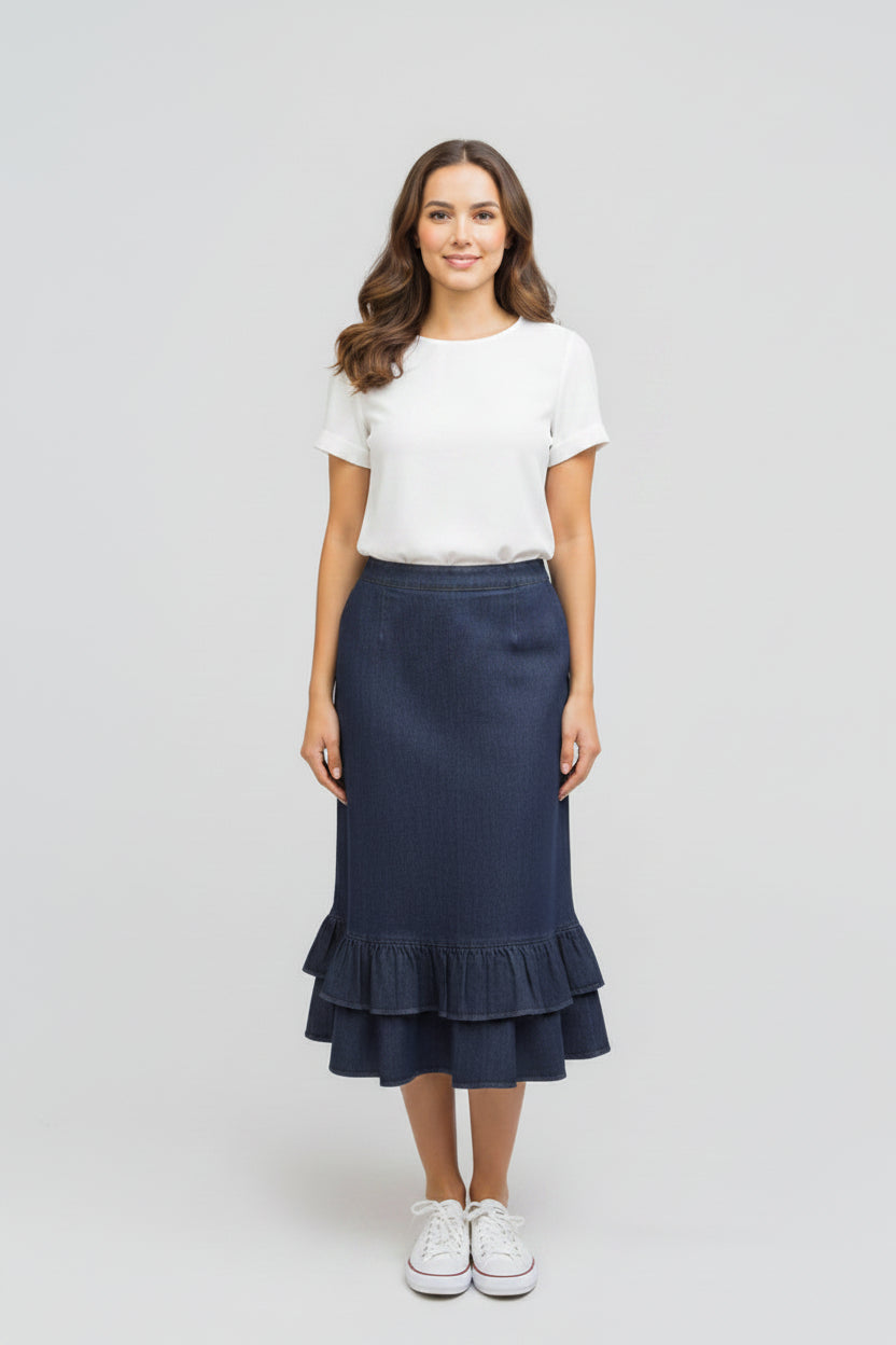 Double Ruffle Skirt Denim Blue