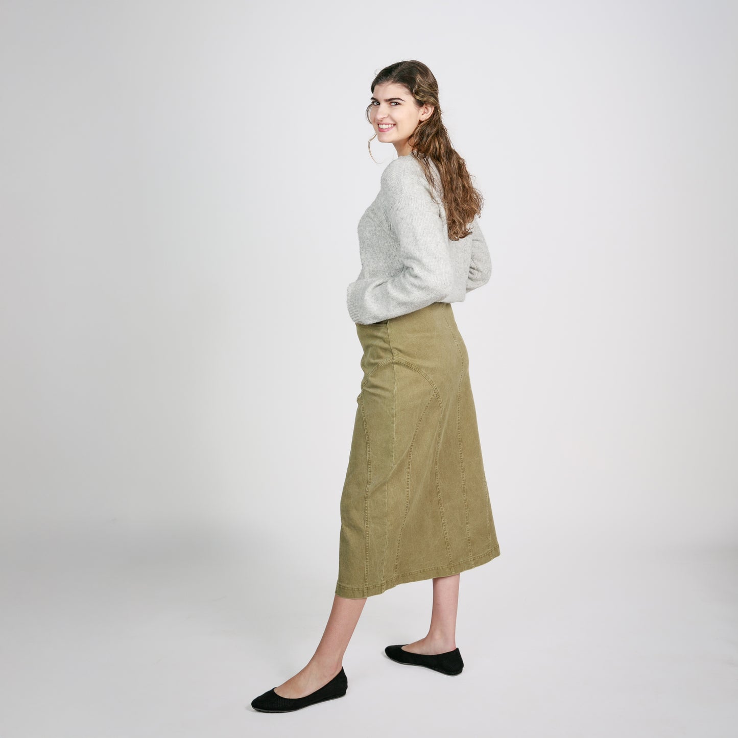 Ivy Distressed Martini Olive Denim Skirt