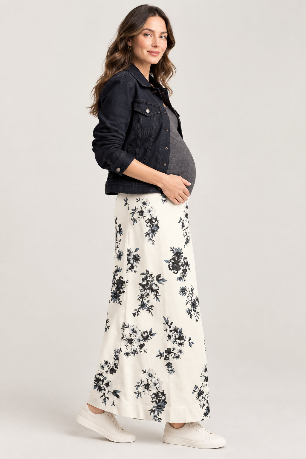 Maternity Skirt A-line Floral White & Black