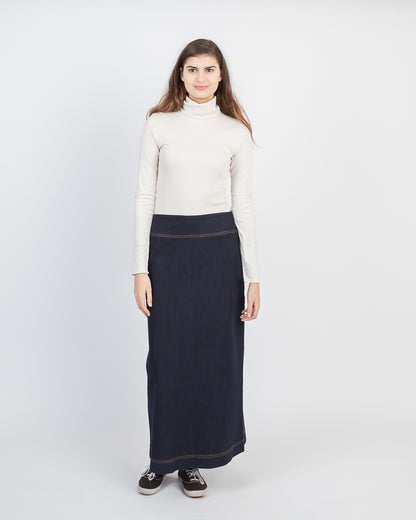 Model wearing NewCreationApparel's Classic Modest Denim A-Line Skirt