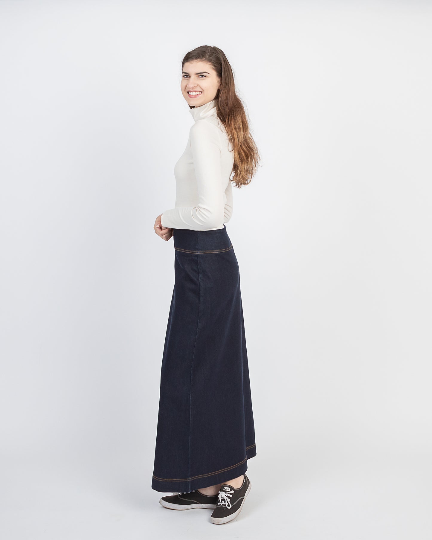 Long denim skirt on Model from NewCreation Apparel