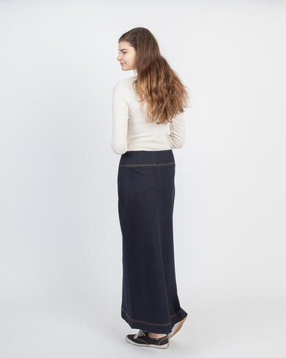 Long denim skirt back view on Model from NewCreation Apparel