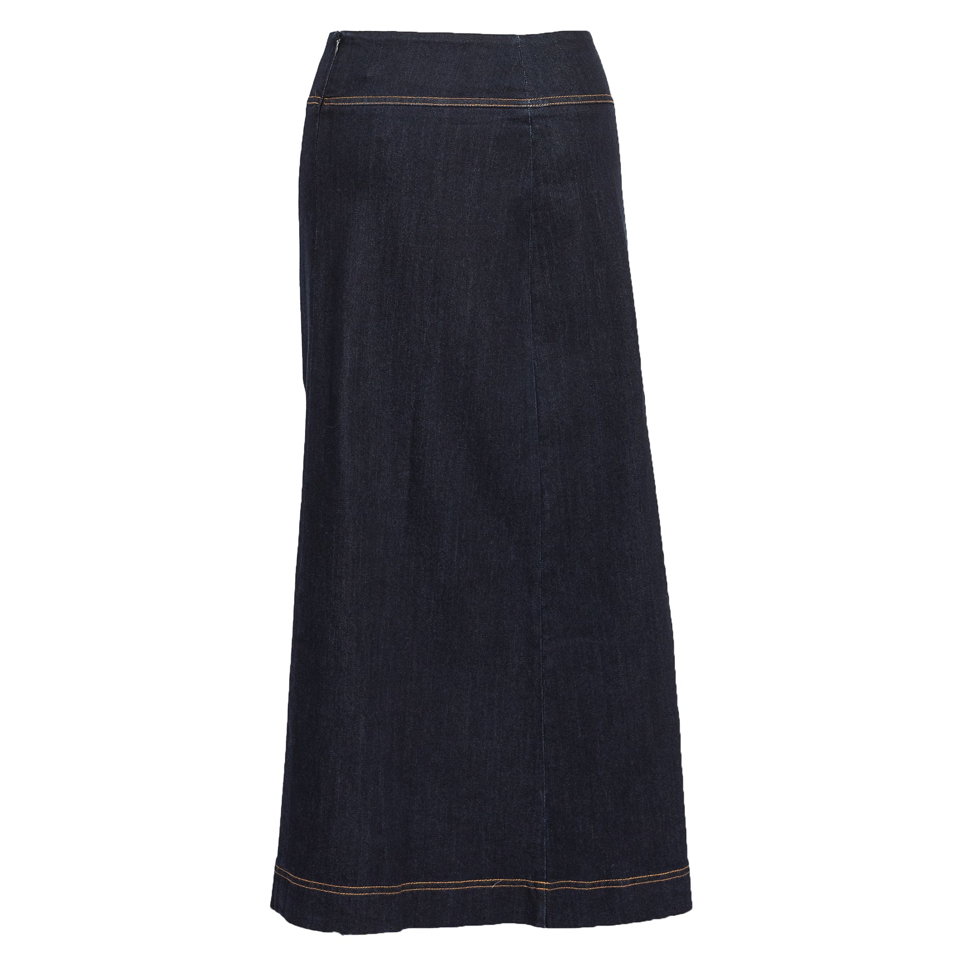 Back of the NewCreationApparel's Classic Long Denim A-Line Skirt